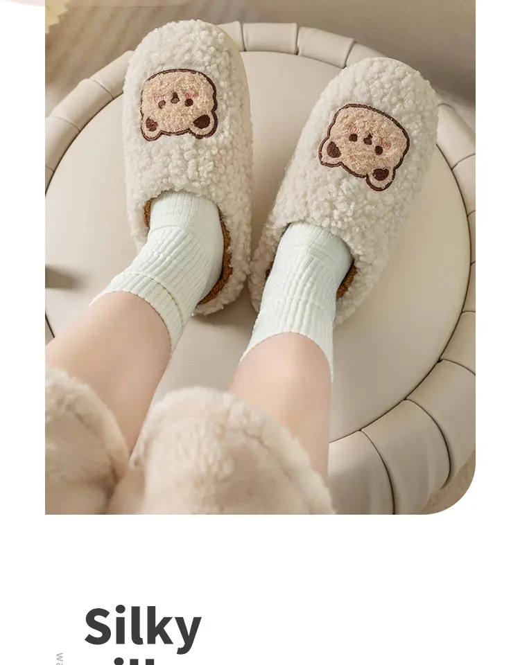 Cute Bear Embroidered Pink Fluffy Slippers Women Winter — feature 8