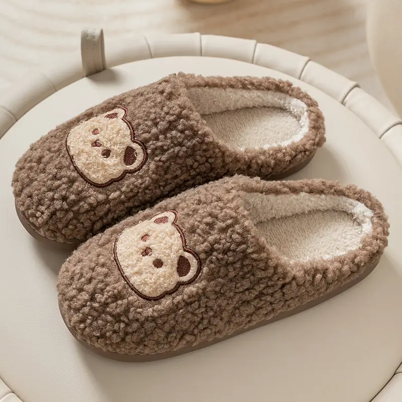 Cute Bear Embroidered Pink Fluffy Slippers Women Winter - Image 3