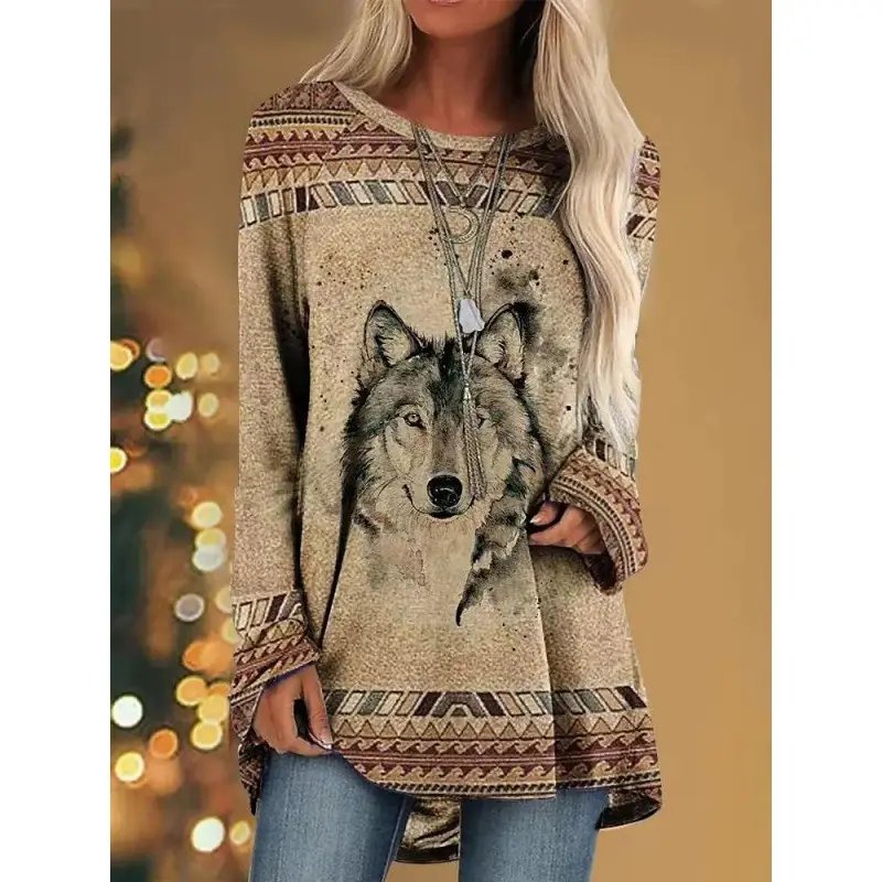 2023 foreign trade cross-border Amazon women's fashion loose round neck digital printing Western style long sleeve top
