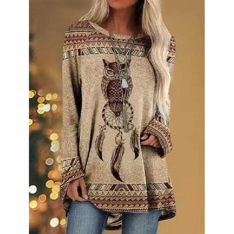 2023 foreign trade cross-border Amazon women's fashion loose round neck digital printing Western style long sleeve top