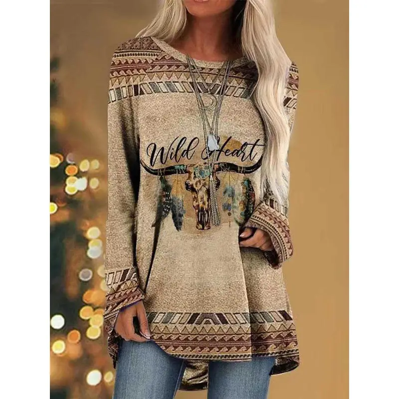 2023 foreign trade cross-border Amazon women's fashion loose round neck digital printing Western style long sleeve top