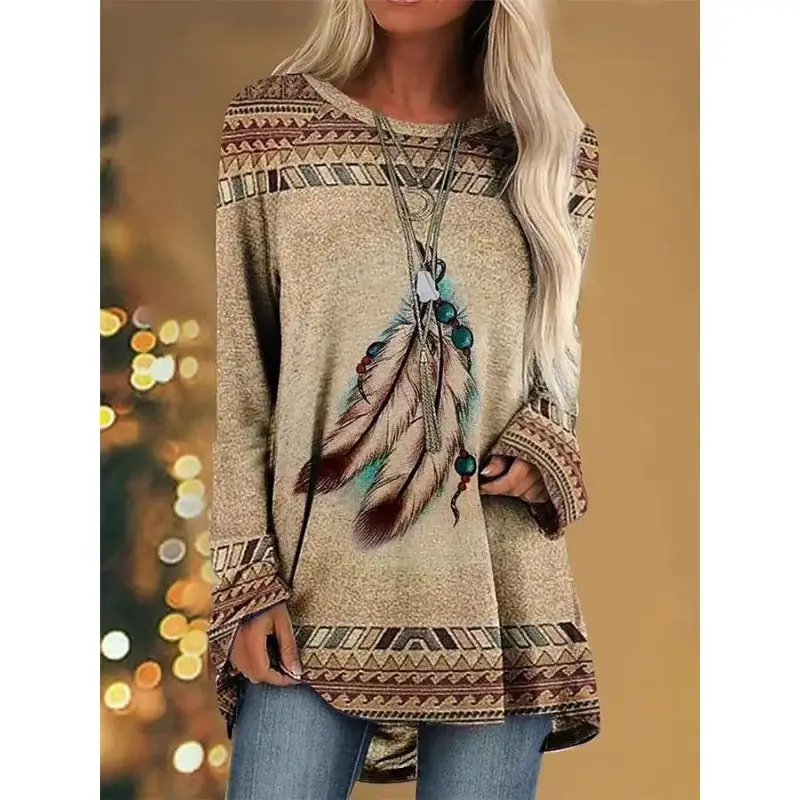 2023 foreign trade cross-border Amazon women's fashion loose round neck digital printing Western style long sleeve top