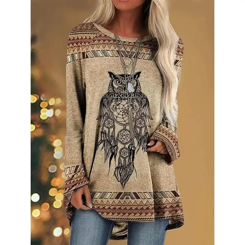2023 foreign trade cross-border Amazon women's fashion loose round neck digital printing Western style long sleeve top