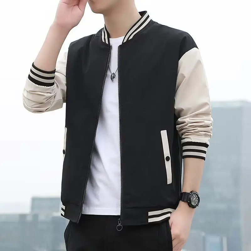 Men's Black Beige Striped Zipper Jacket with Baseball Collar - Image 4