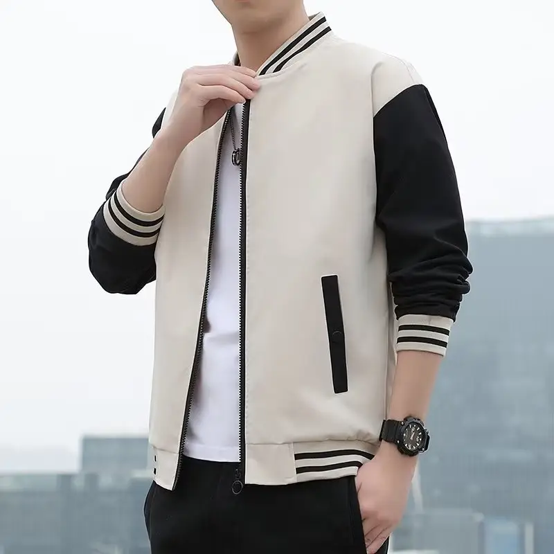 Men's Black Beige Striped Zipper Jacket with Baseball Collar - Image 2