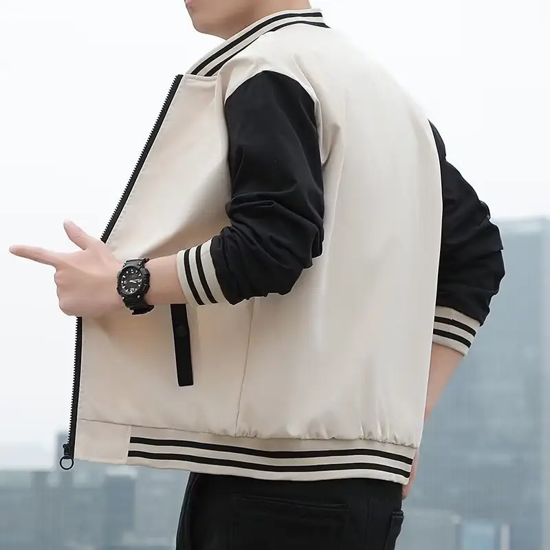 Men's Black Beige Striped Zipper Jacket with Baseball Collar - Image 5