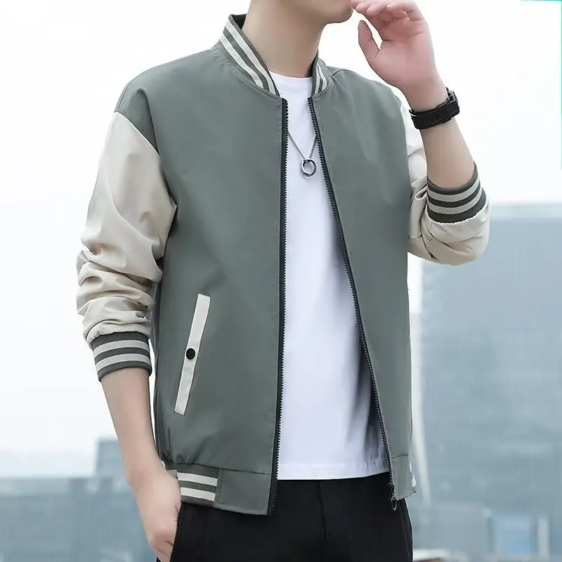 Men's Black Beige Striped Zipper Jacket with Baseball Collar - Image 1