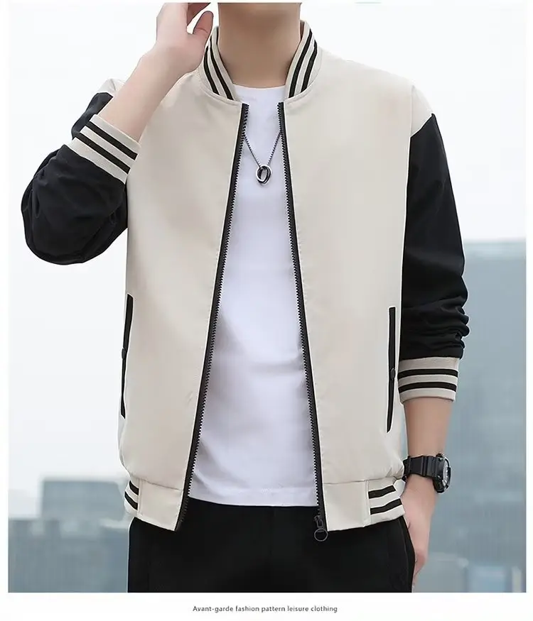 Men's Black Beige Striped Zipper Jacket with Baseball Collar — feature 10