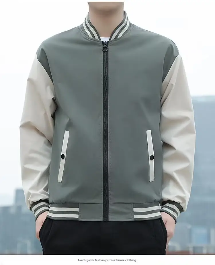 Men's Black Beige Striped Zipper Jacket with Baseball Collar — feature 11