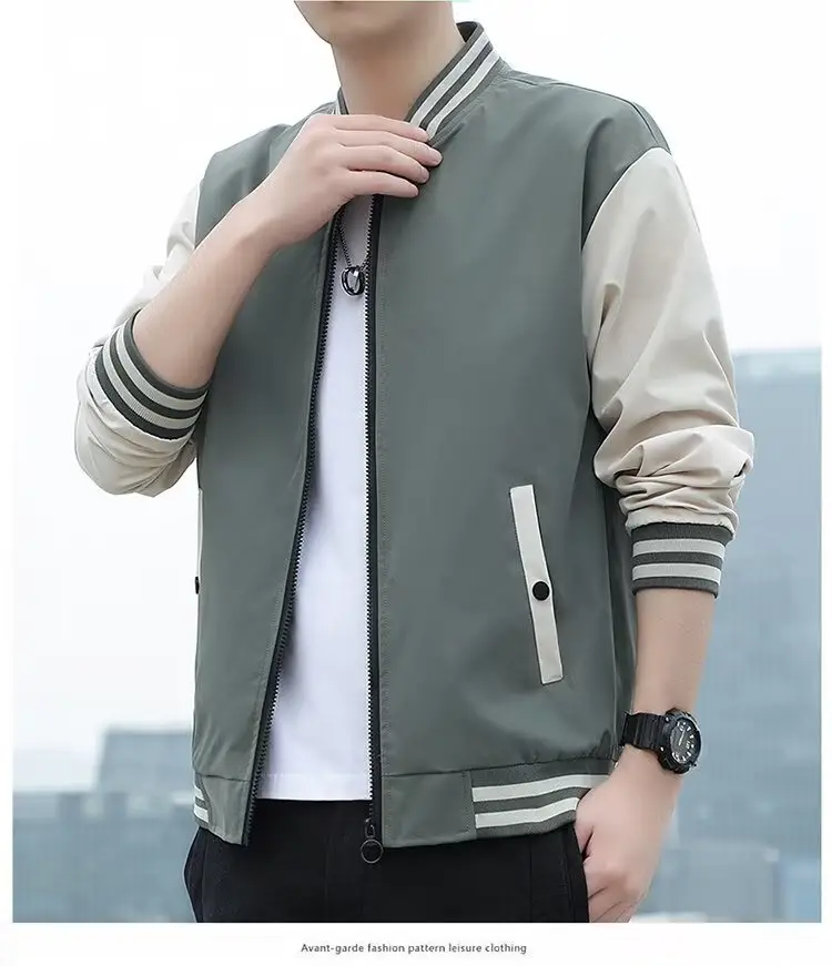 Men's Black Beige Striped Zipper Jacket with Baseball Collar — feature 12