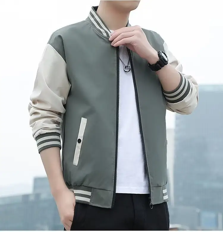 Men's Black Beige Striped Zipper Jacket with Baseball Collar — feature 13