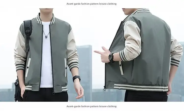 Men's Black Beige Striped Zipper Jacket with Baseball Collar — feature 14