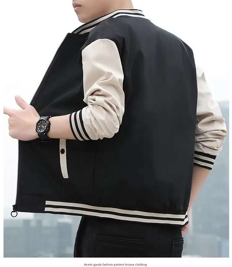 Men's Black Beige Striped Zipper Jacket with Baseball Collar — feature 5