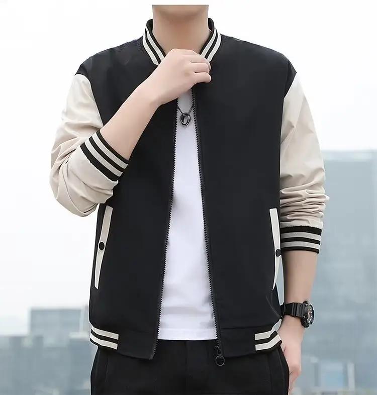 Men's Black Beige Striped Zipper Jacket with Baseball Collar — feature 7