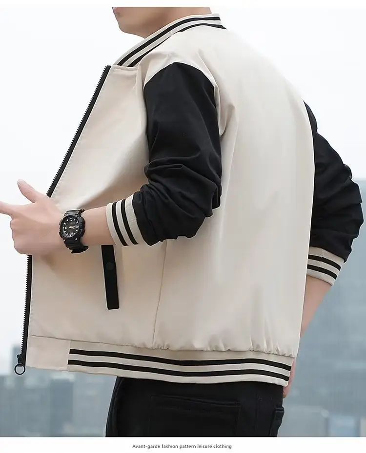 Men's Black Beige Striped Zipper Jacket with Baseball Collar — feature 8