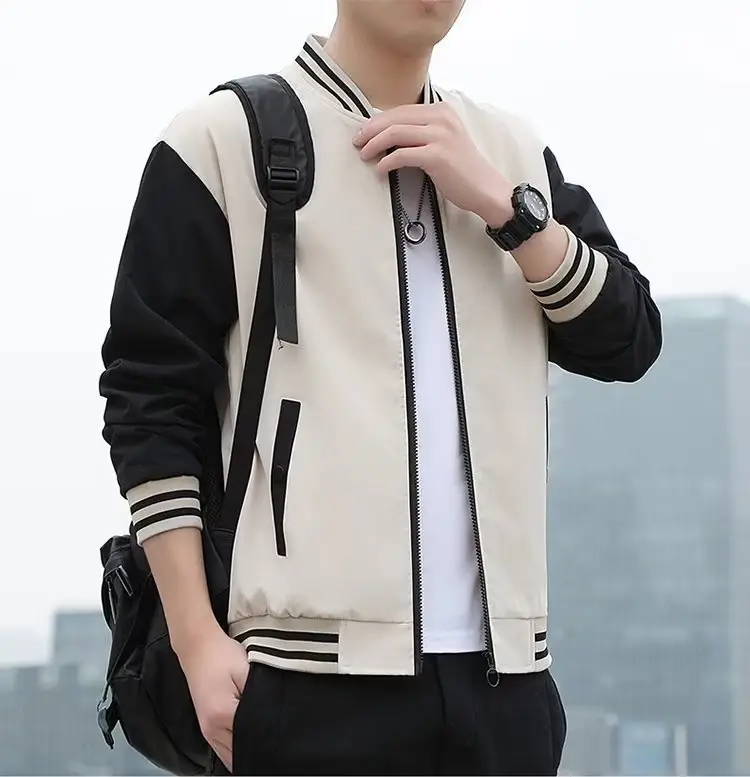 Men's Black Beige Striped Zipper Jacket with Baseball Collar — feature 9