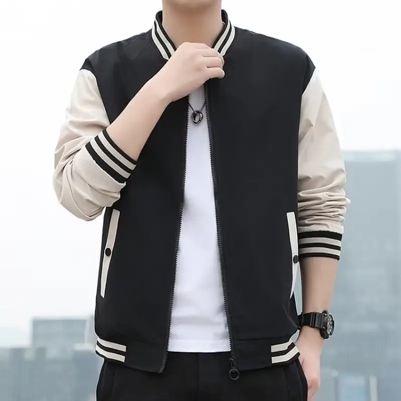 Men's Black Beige Striped Zipper Jacket with Baseball Collar - Image 3