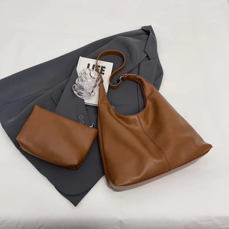 Women's Brown Leather Shoulder Bag & Wallet Set