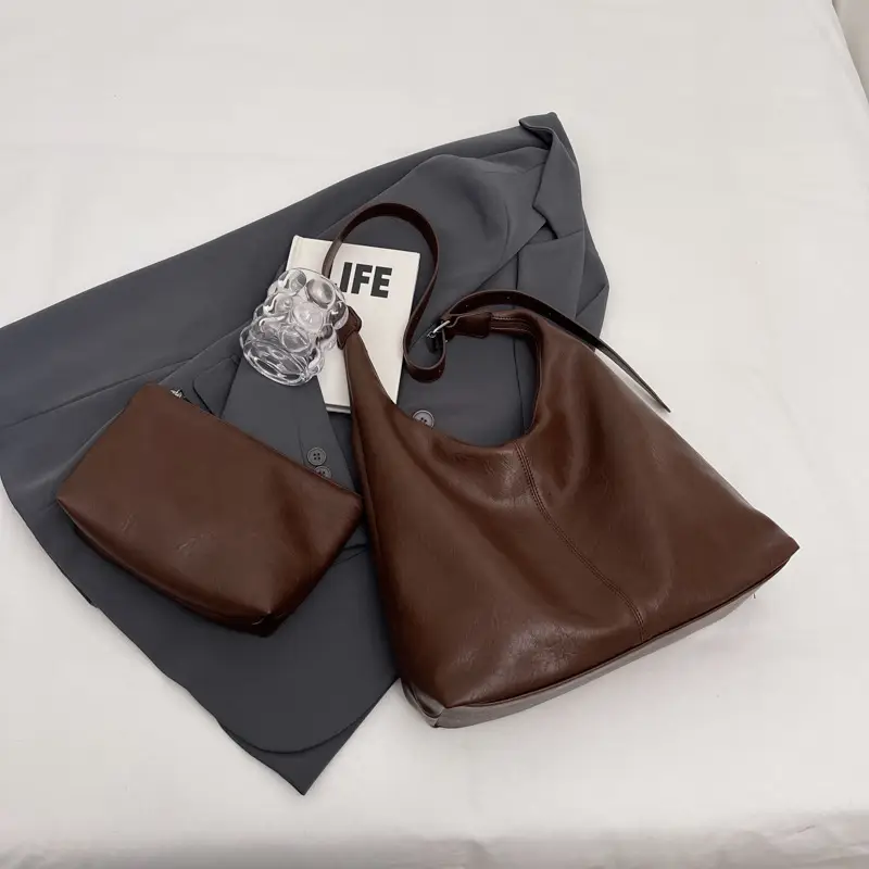 Women's Brown Leather Shoulder Bag & Wallet Set