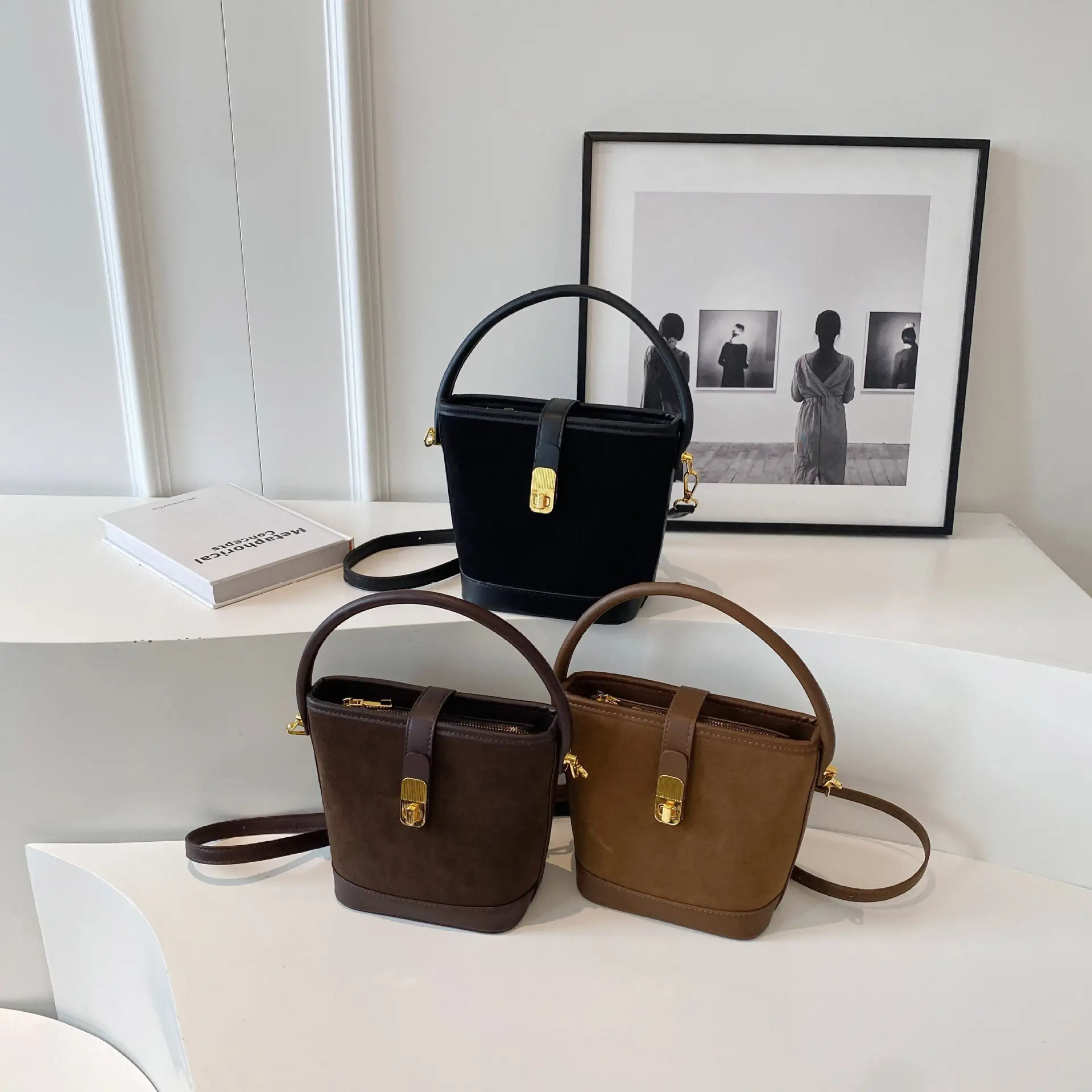 Black Faux Leather Bucket Bag for Women