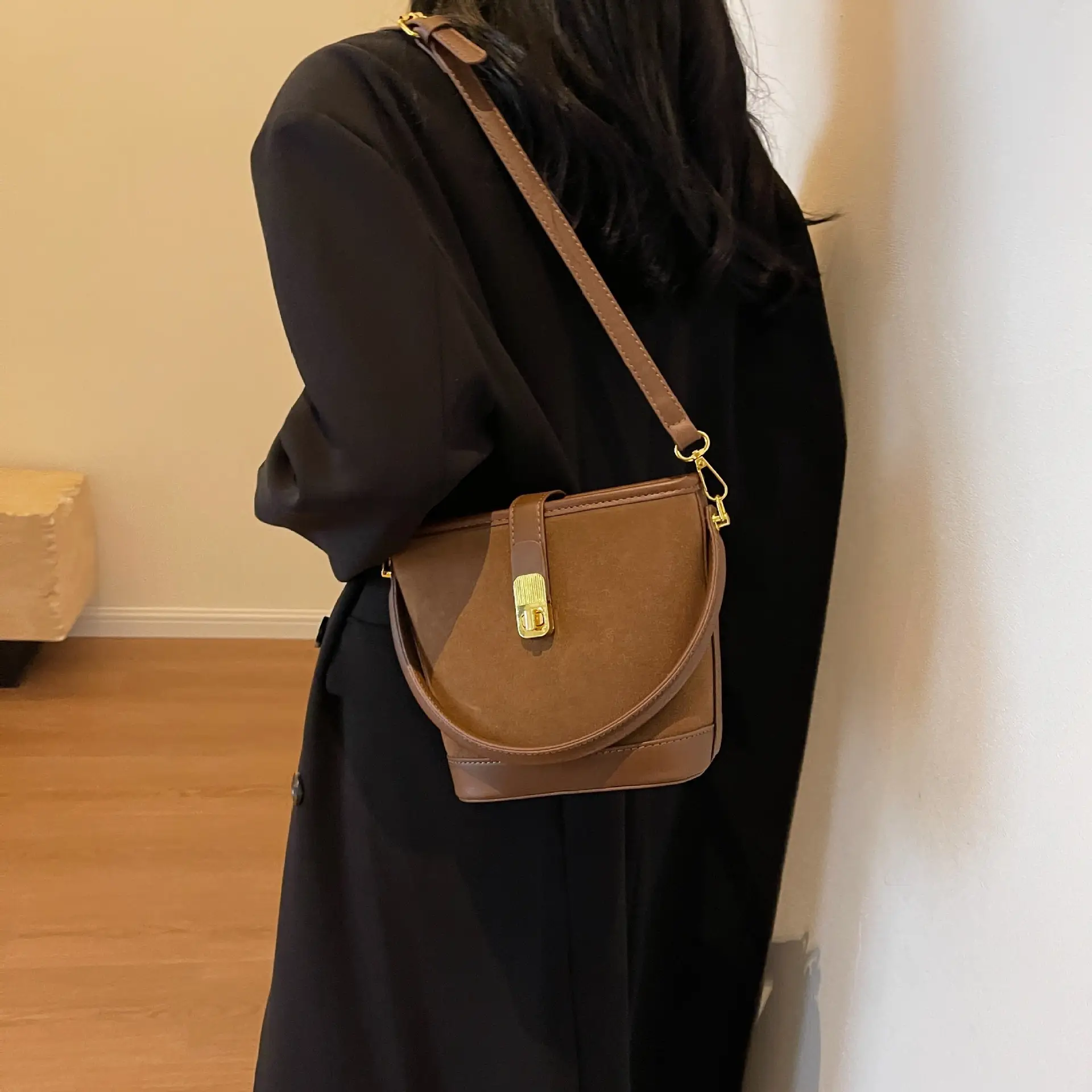 Black Faux Leather Bucket Bag for Women