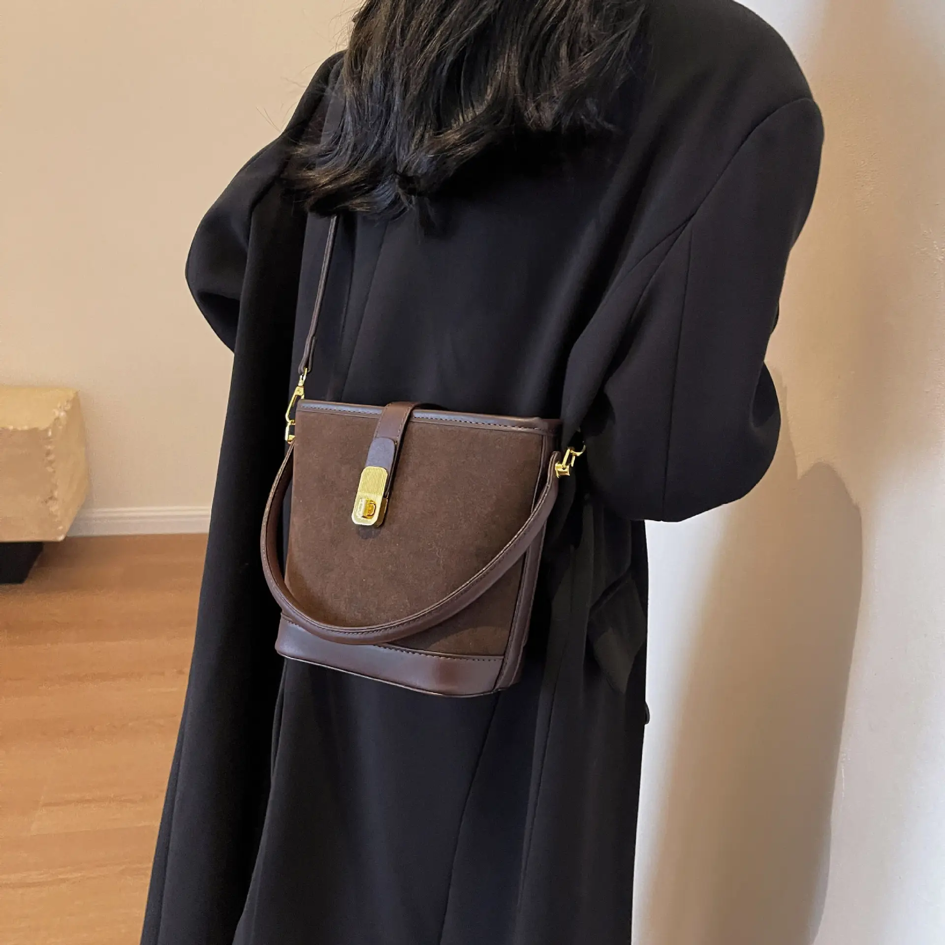 Black Faux Leather Bucket Bag for Women