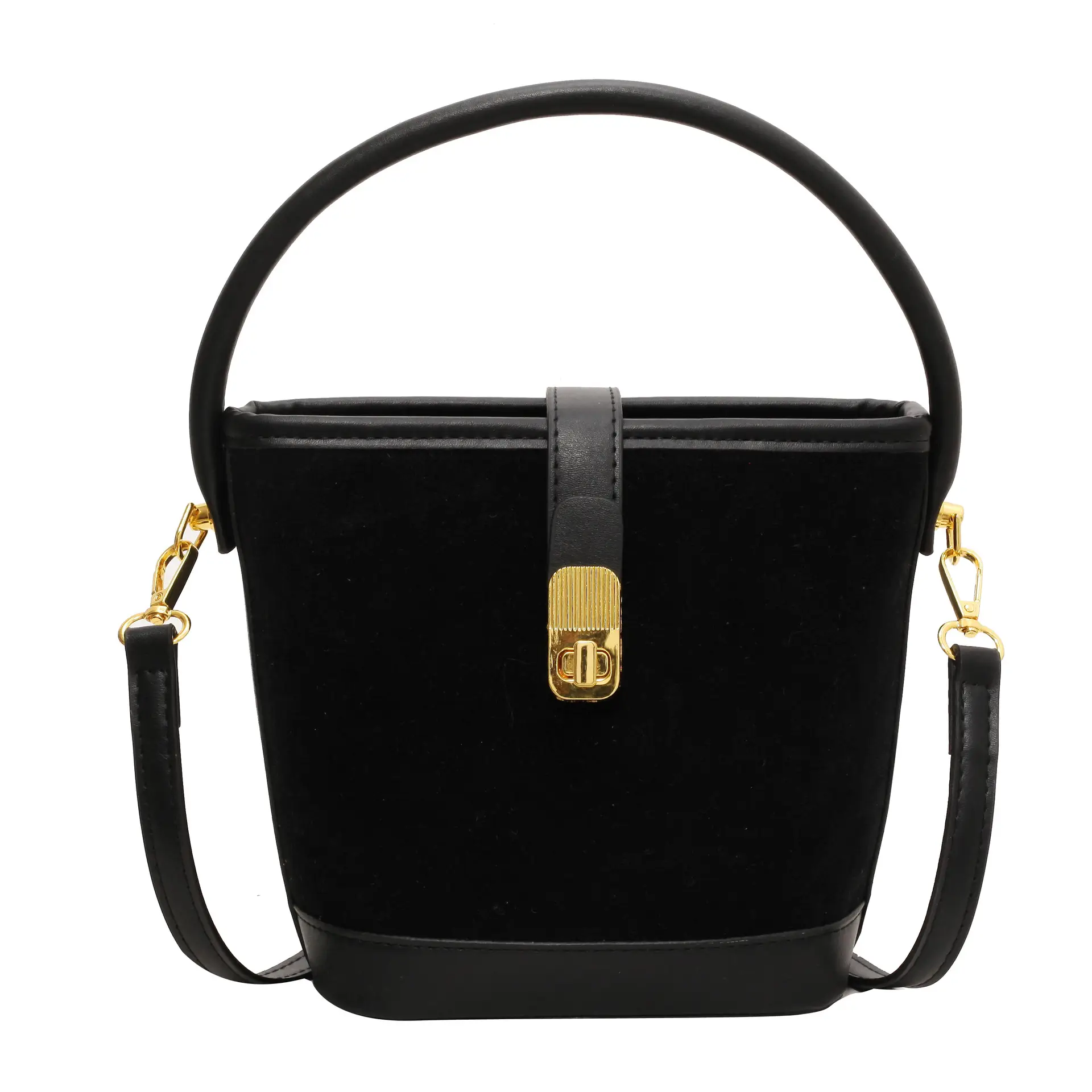 Black Faux Leather Bucket Bag for Women