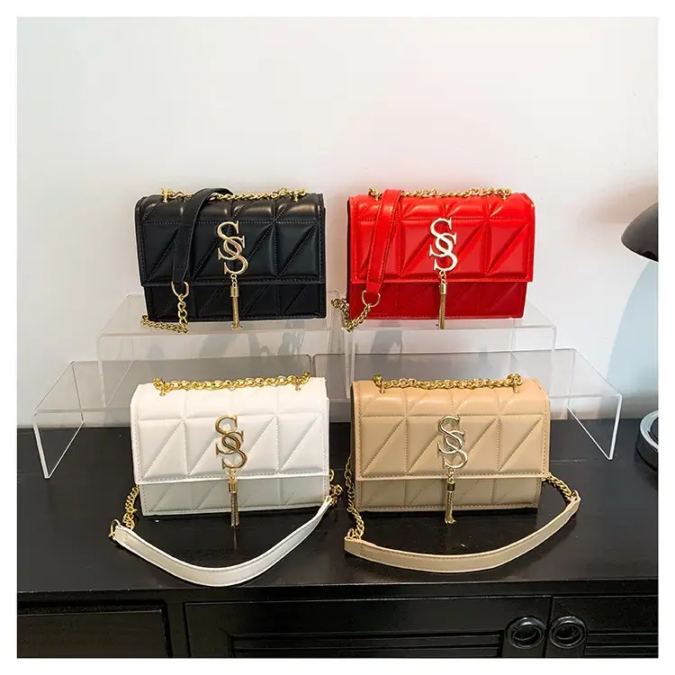 Red Rhomboid Shoulder Bag with Gold Chain for Women - Image 5
