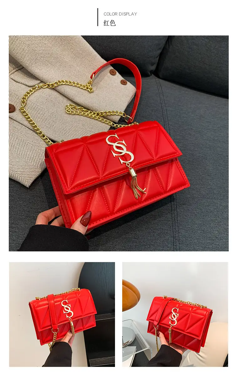 Red Rhomboid Shoulder Bag with Gold Chain for Women — feature 30