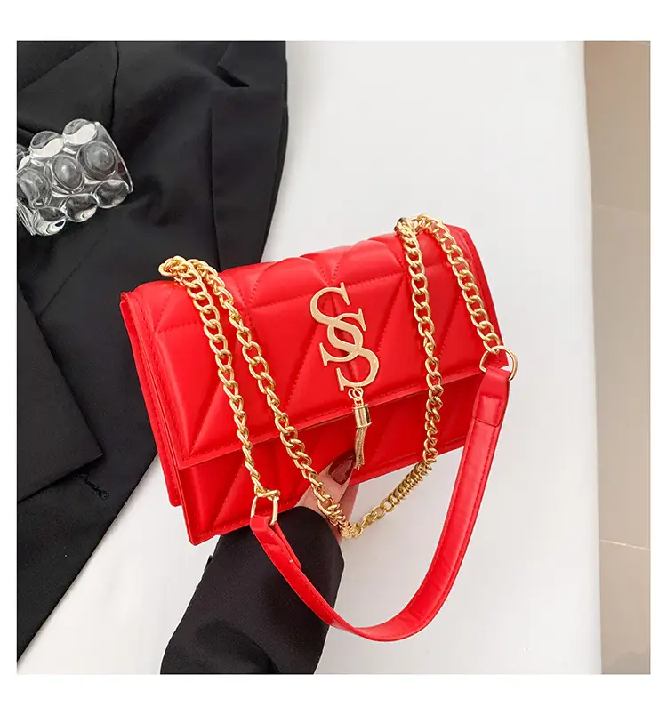 Red Rhomboid Shoulder Bag with Gold Chain for Women - Image 4