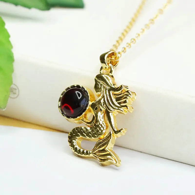 Gold Mermaid Necklace with Blood Amber Pendant - Image 3