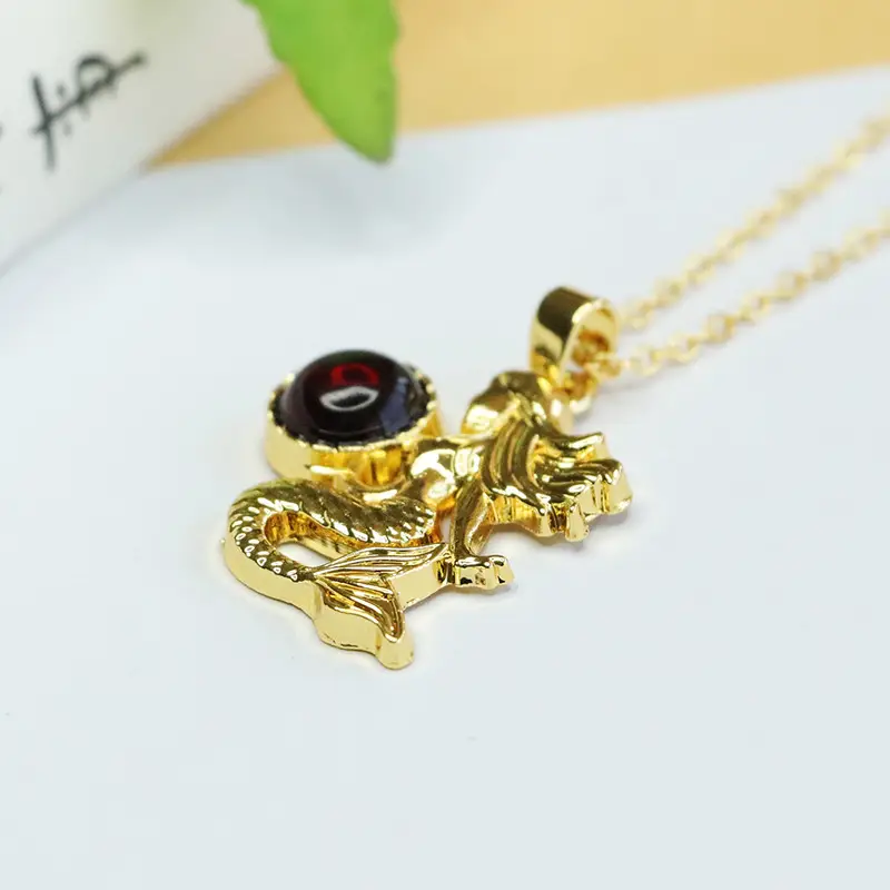 Gold Mermaid Necklace with Blood Amber Pendant - Image 4