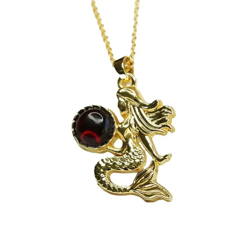 Gold Mermaid Necklace with Blood Amber Pendant - Image 5