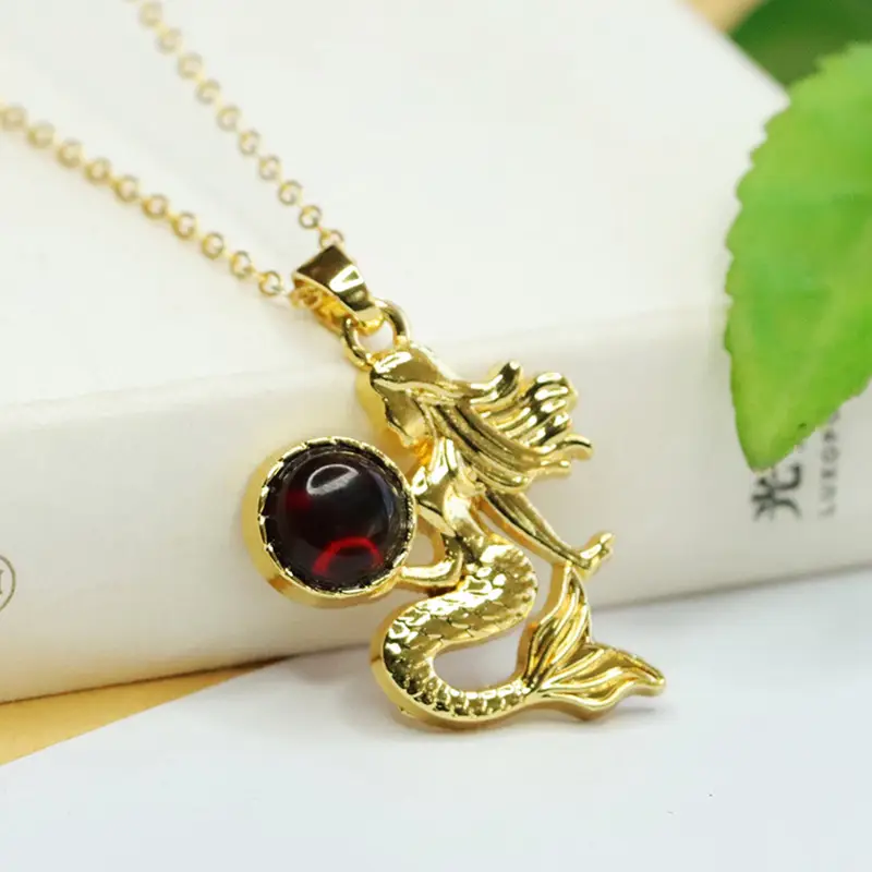 Gold Mermaid Necklace with Blood Amber Pendant — feature 5