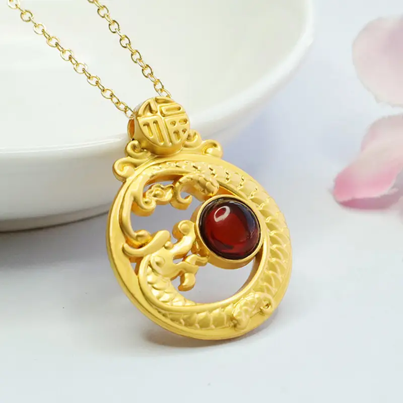 Guan Yu Zodiac Dragon Necklace with Natural Amber - Image 4