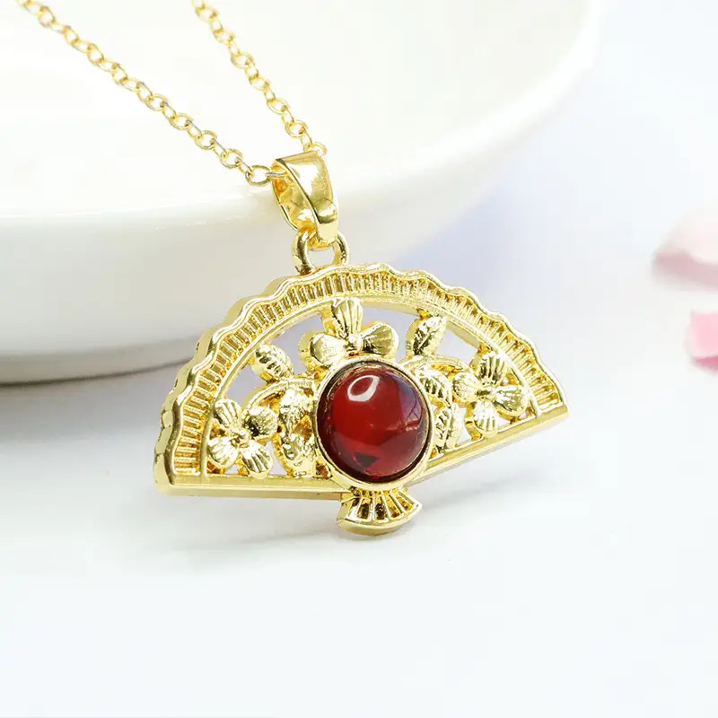 Guan Yu Fan Necklace with Natural Amber Pendant - Image 3
