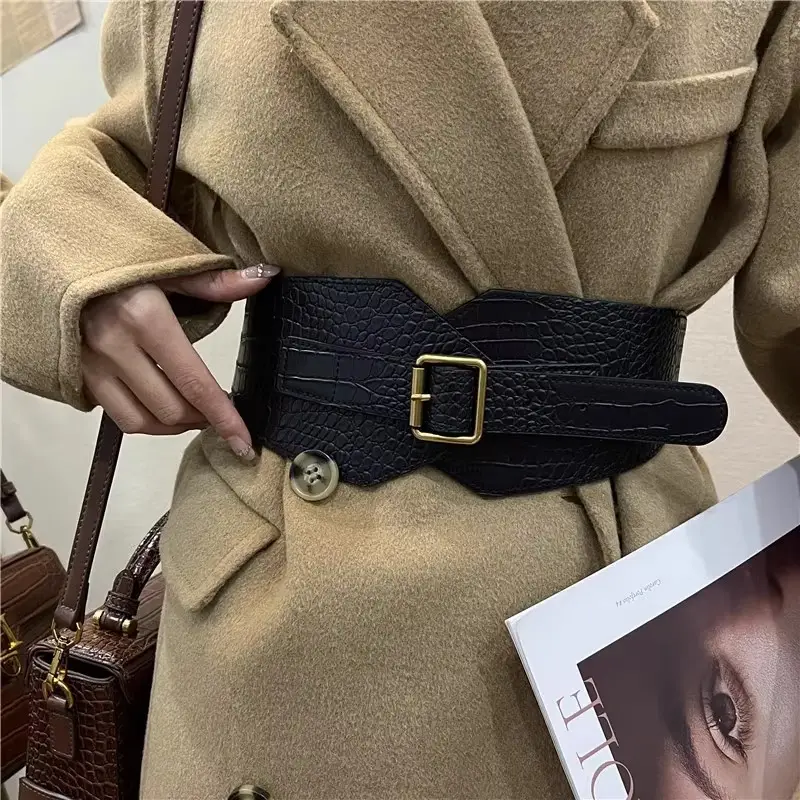 Brown Croc Belted Dress Coat for Women — feature 2