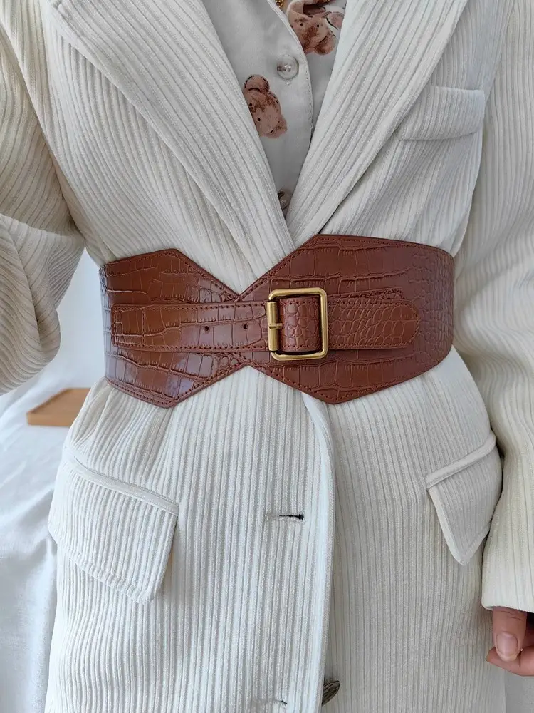 Brown Croc Belted Dress Coat for Women — feature 3