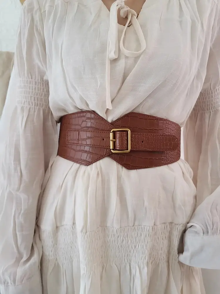 Brown Croc Belted Dress Coat for Women — feature 7