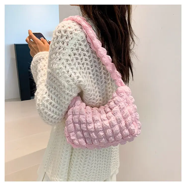 Pink Pleated Bubble Shoulder Bag for Women - Image 9