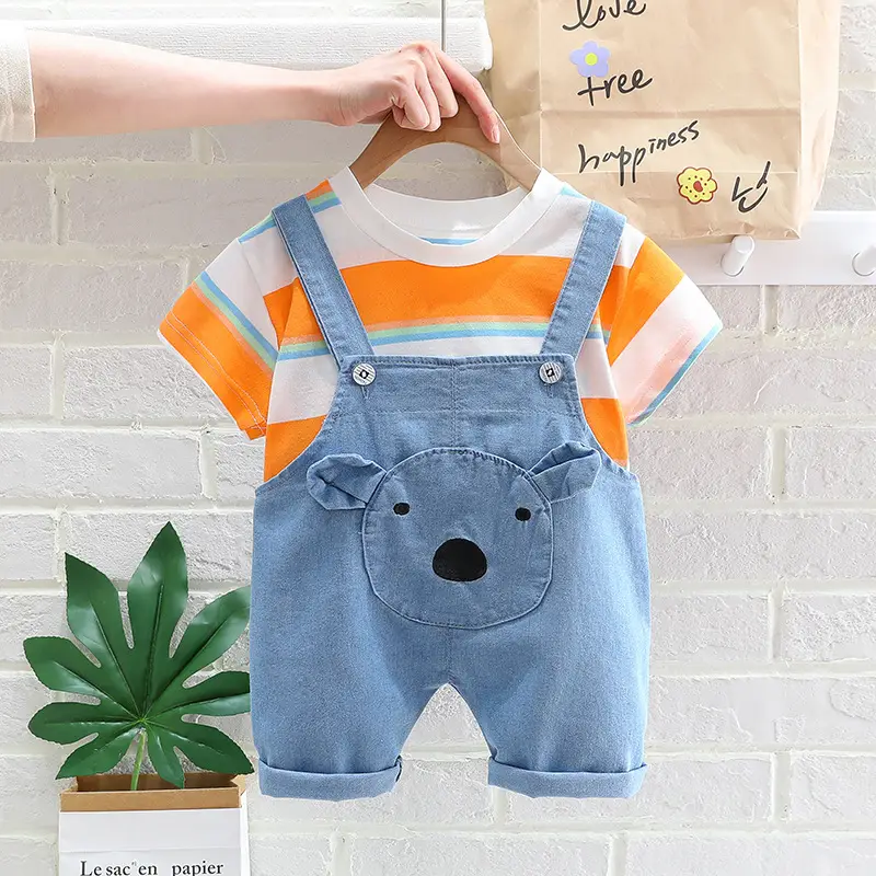 Kids Denim Overalls Rainbow Stripes T-Shirt Set