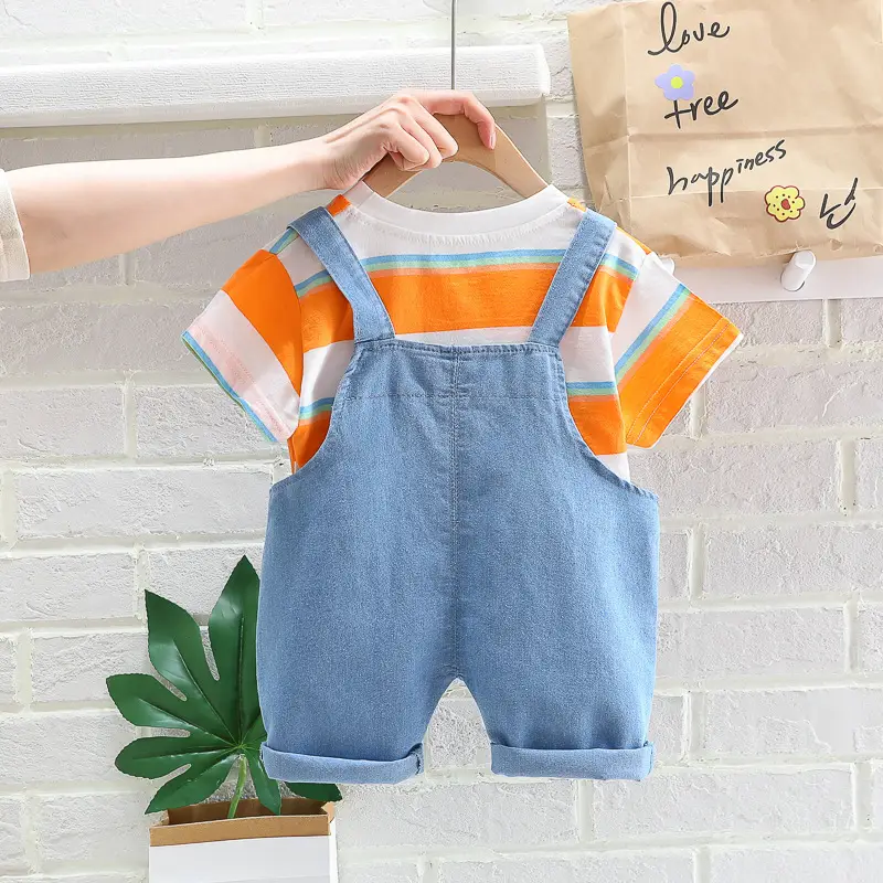 Kids Denim Overalls Rainbow Stripes T-Shirt Set