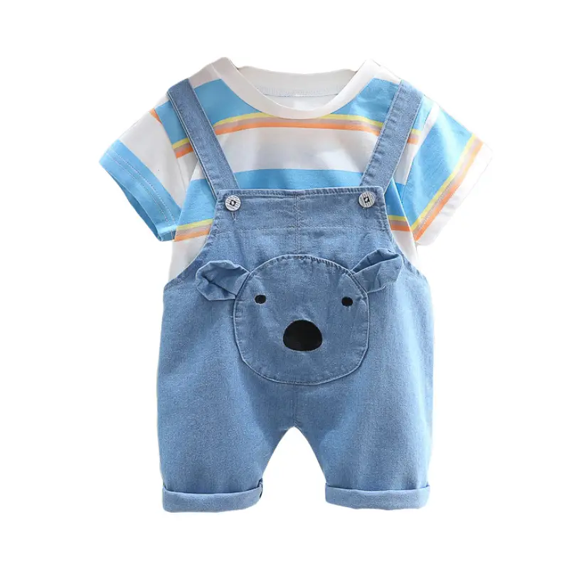 Kids Denim Overalls Rainbow Stripes T-Shirt Set