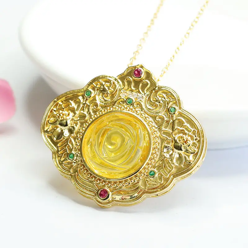 Golden Blossom Pendant Necklace for Women with Red & Green Stones - Image 3