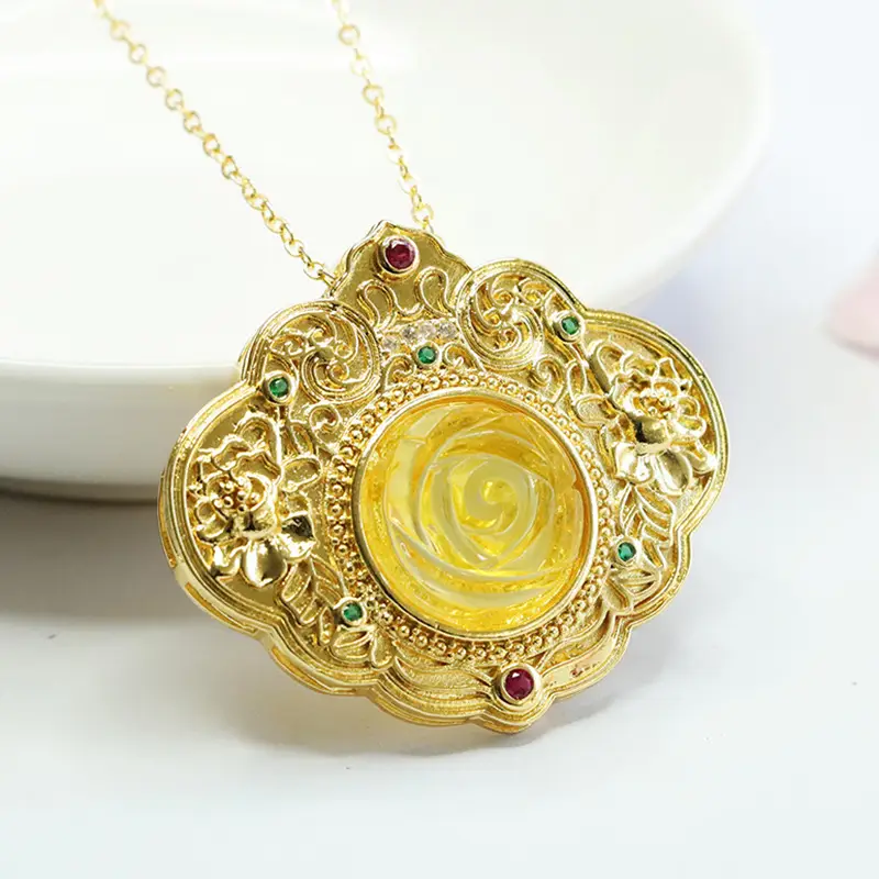 Golden Blossom Pendant Necklace for Women with Red & Green Stones - Image 4