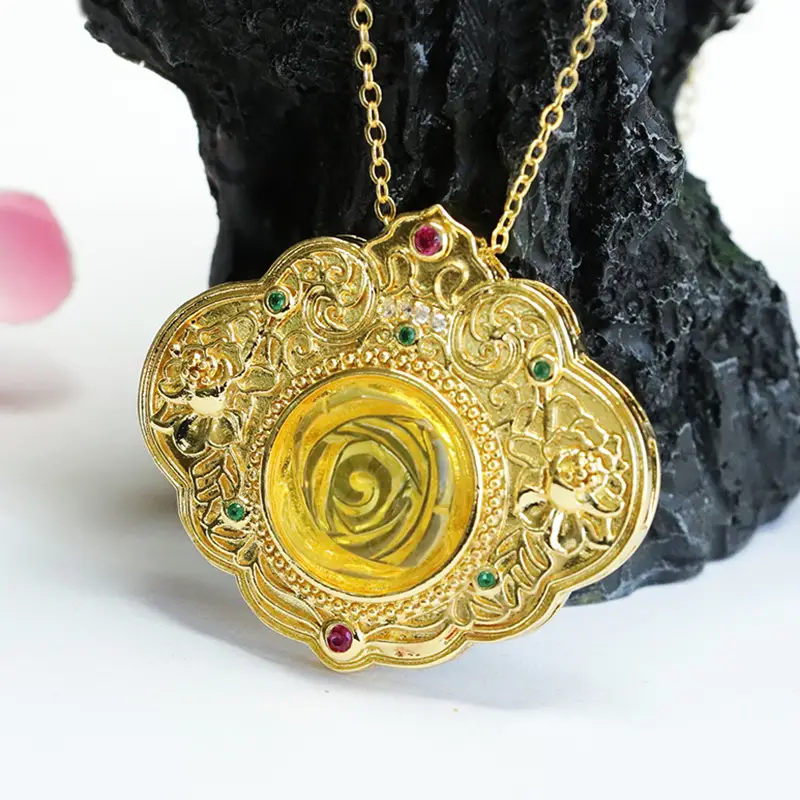 Golden Blossom Pendant Necklace for Women with Red & Green Stones - Image 5
