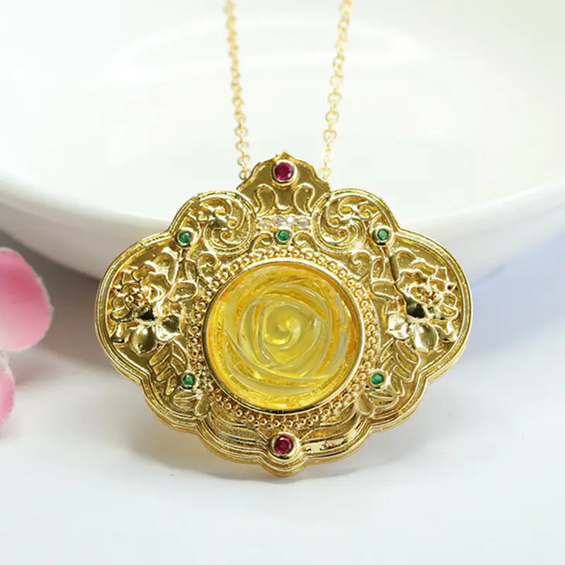 Golden Blossom Pendant Necklace for Women with Red & Green Stones — feature 4
