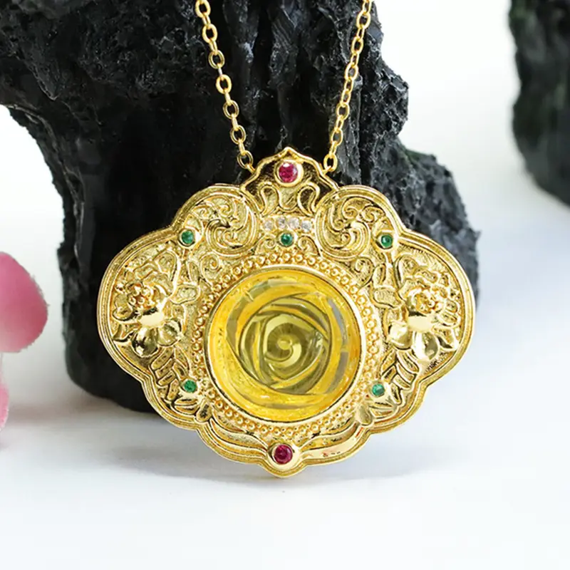Golden Blossom Pendant Necklace for Women with Red & Green Stones — feature 7