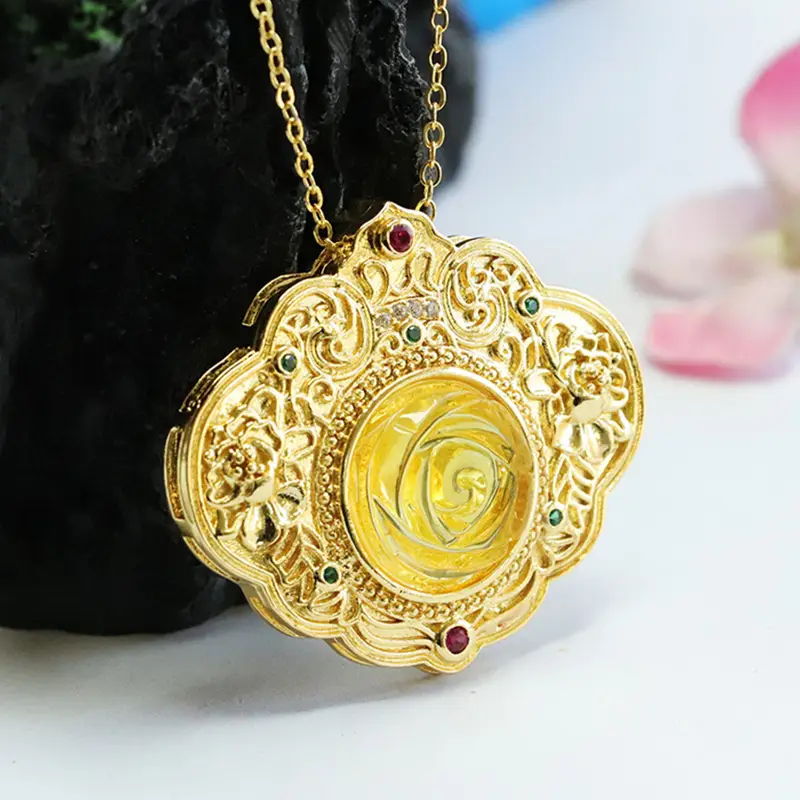 Golden Blossom Pendant Necklace for Women with Red & Green Stones — feature 9