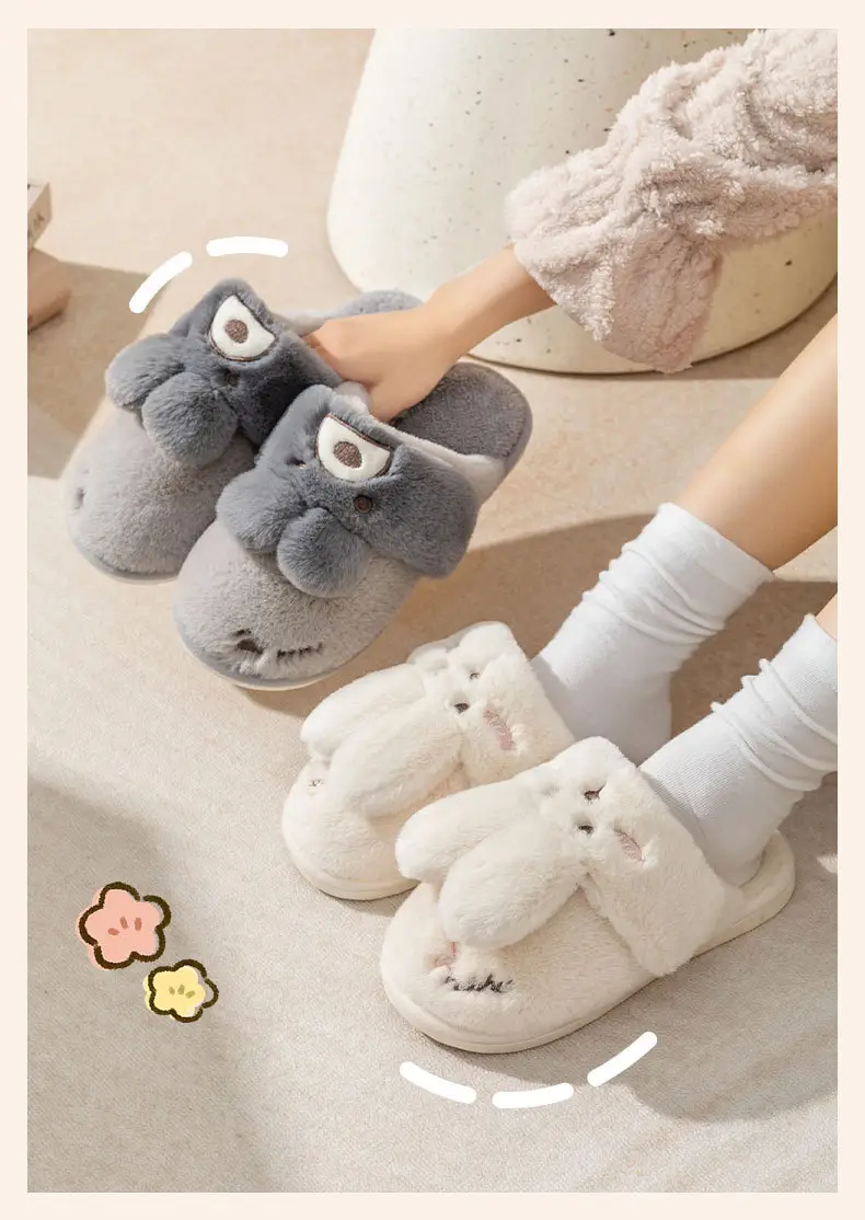 2024 New Women's Shoes Mao Mao Cotton Slippers Couple Moon Plush Rabbit Outer Wear Home Slippers Men's Slippers Korean Style — feature 11
